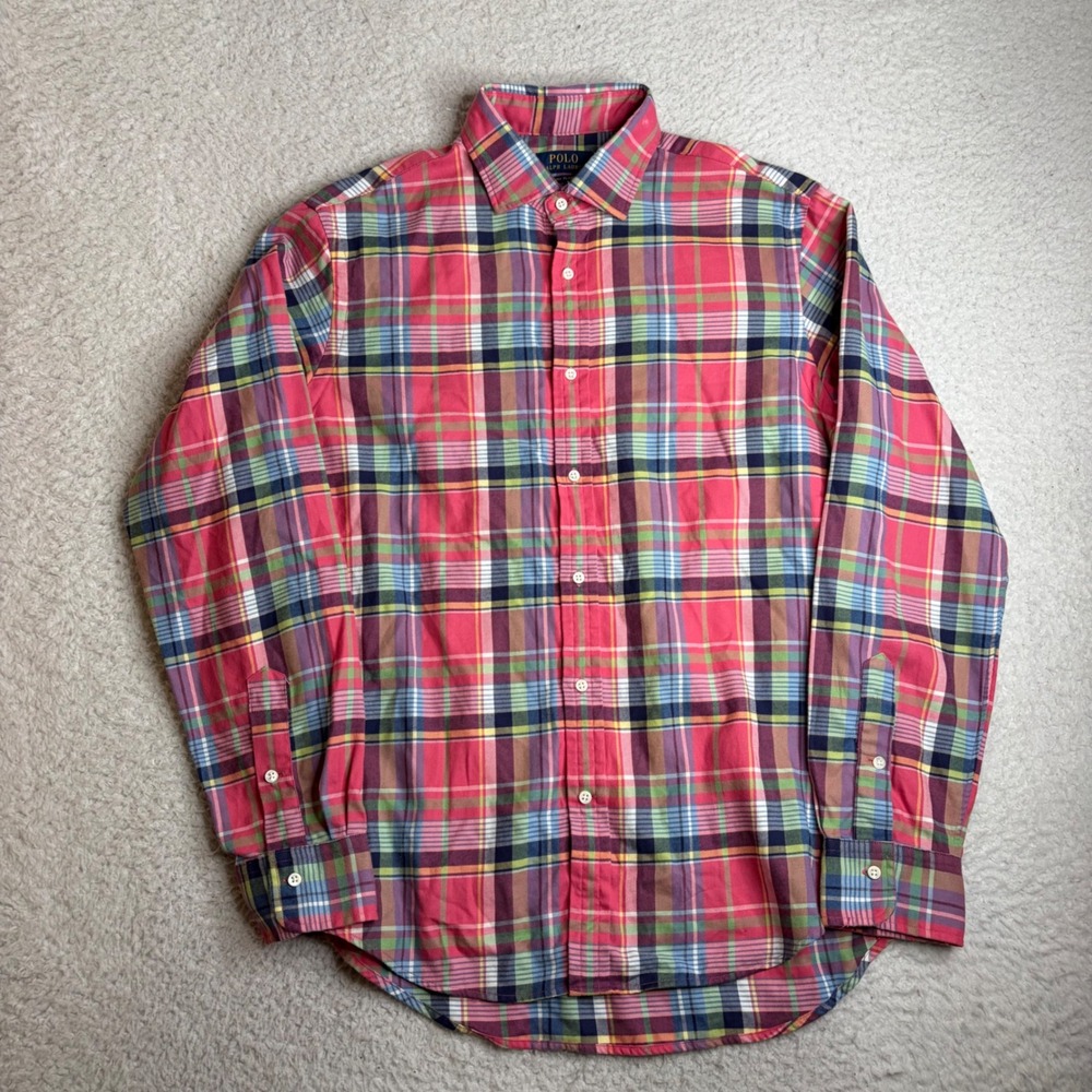 Polo Ralph Lauren Luxury Flannel Shirt Mens Large Pink Plaid Long Sleeve Button